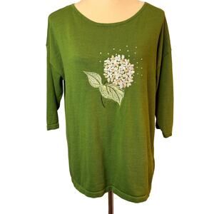 Bua/ Bua Sweater Women Small Green Embellished Embroidered 3/4 Sleeve Hydrangea